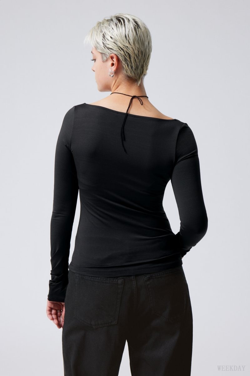 Weekday Tea Scoop Neck Long Sleeve Top Black | SUCZ8206