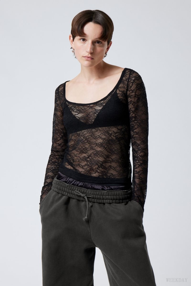 Weekday Tea Scooped Lace Longsleeve Black | ATXO6818