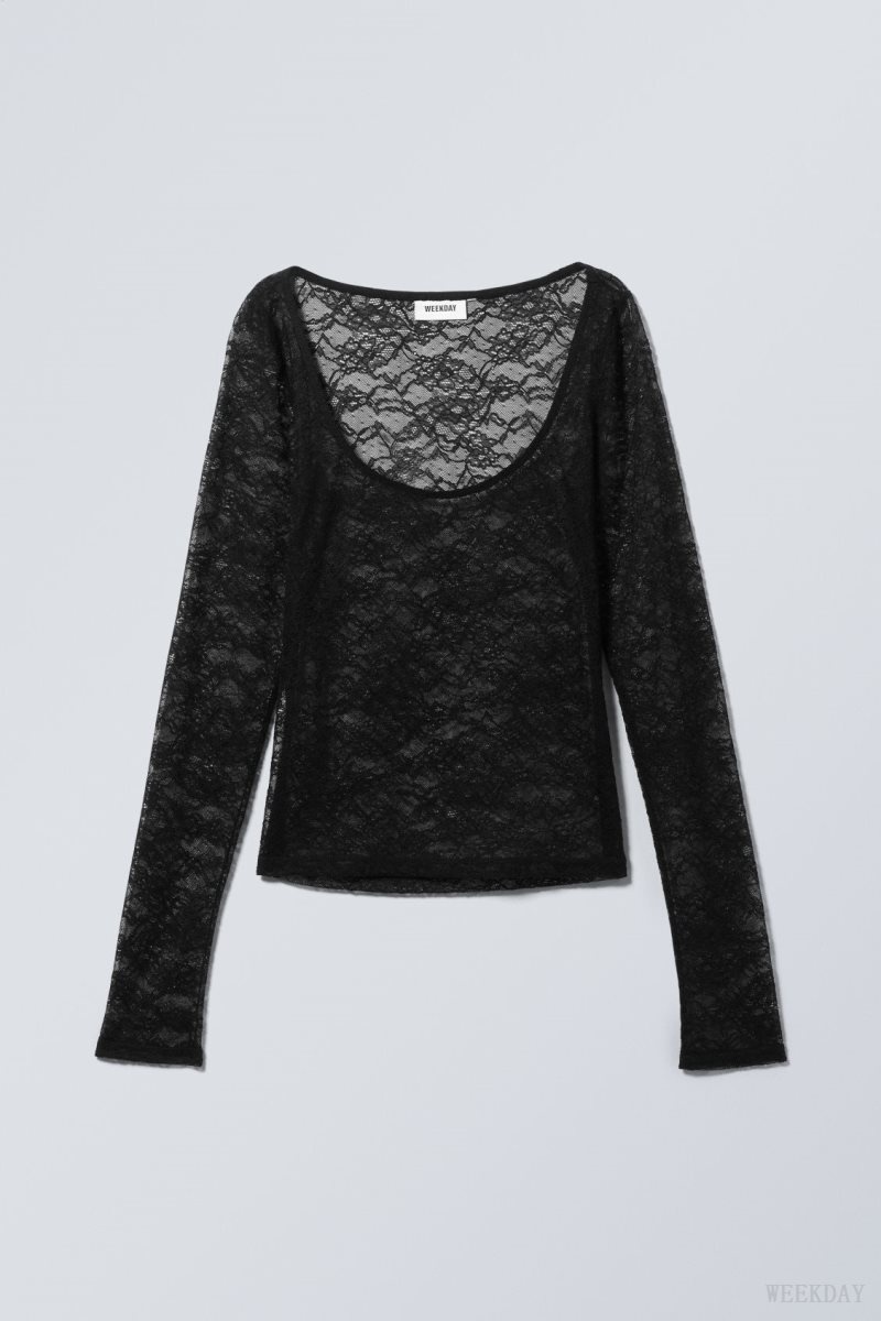 Weekday Tea Scooped Lace Longsleeve Black | ATXO6818