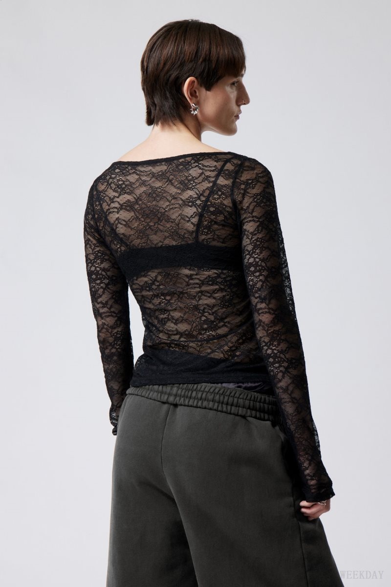 Weekday Tea Scooped Lace Longsleeve Black | ATXO6818