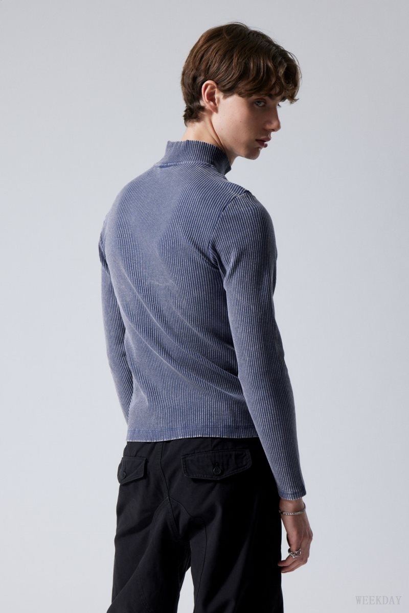 Weekday Toni Two Tone Rib Zip Turtleneck Blue / White | ZTYX3178