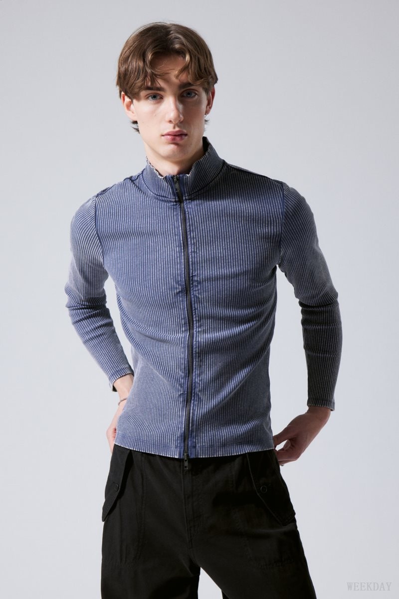 Weekday Toni Two Tone Rib Zip Turtleneck Blue / White | ZTYX3178