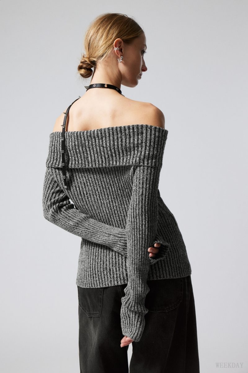 Weekday Vanna Off Shoulder Zip Cardigan Grey | IRHW4929